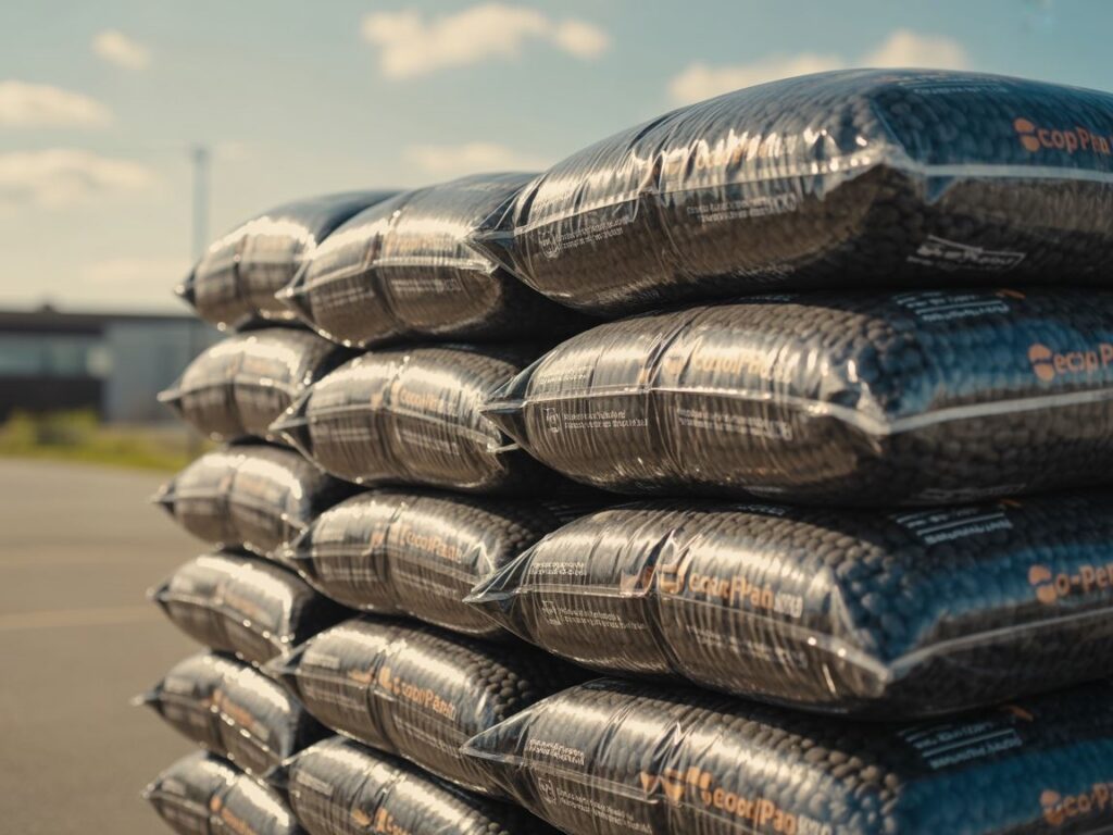 cena ekogroszku na tle worków