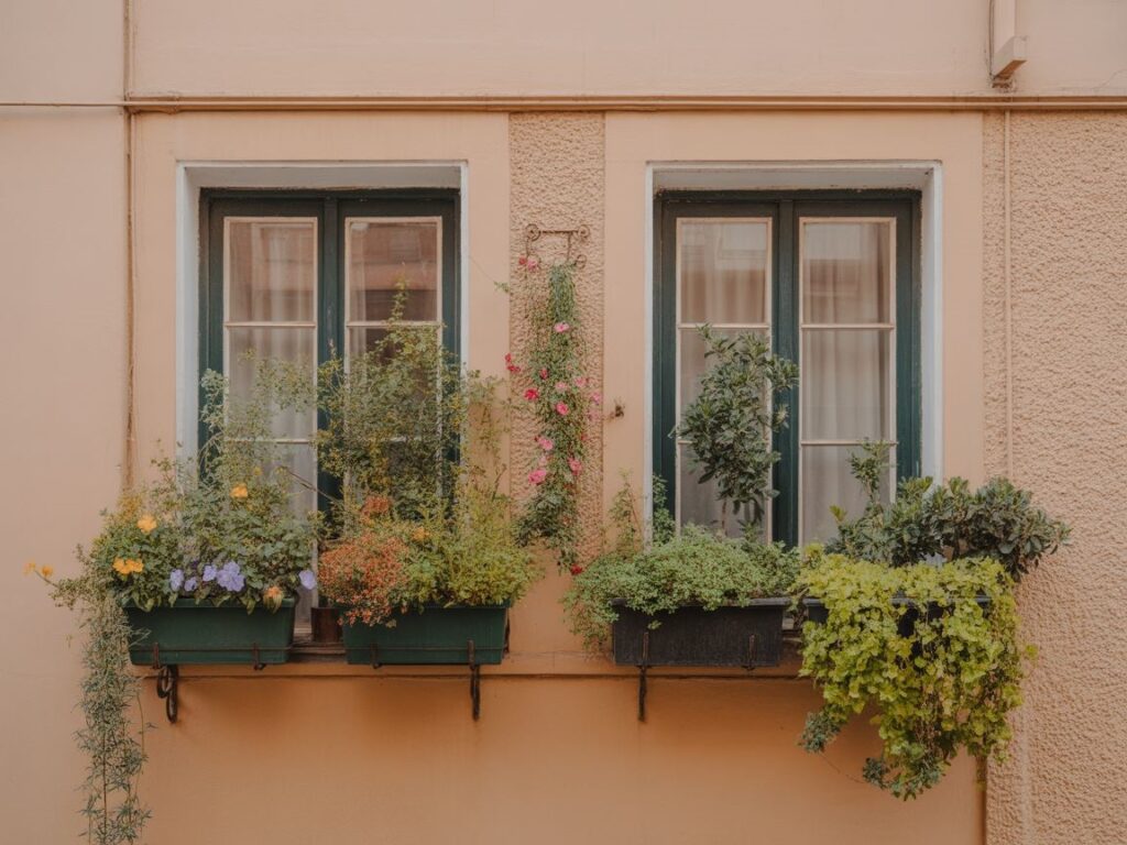 kolorowe rośliny przy ścianie domu