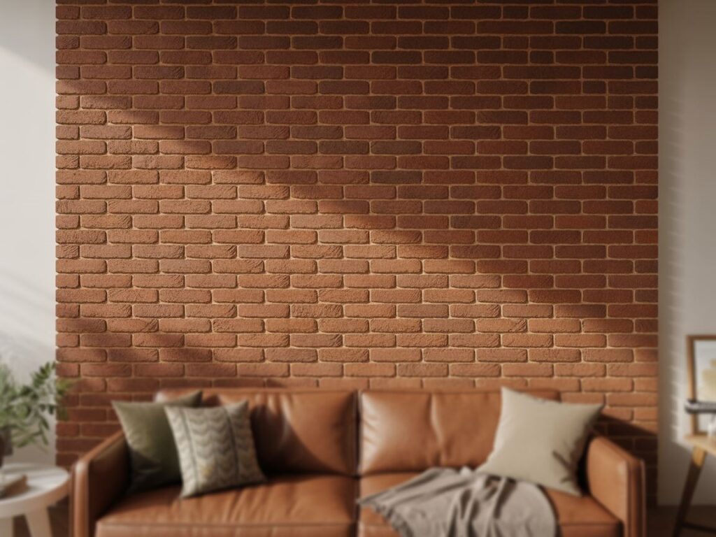 nowoczesny salon z jasną cegłą