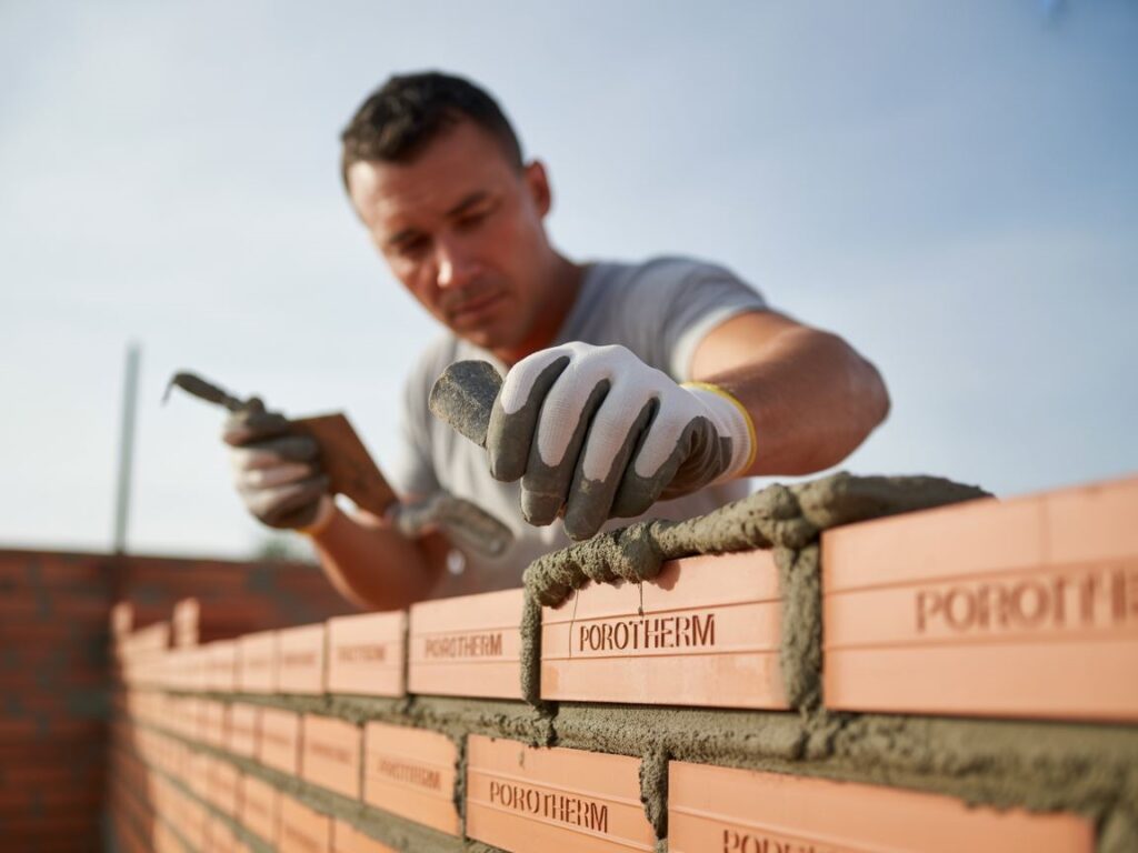 układanie zaprawy na cegłach porotherm