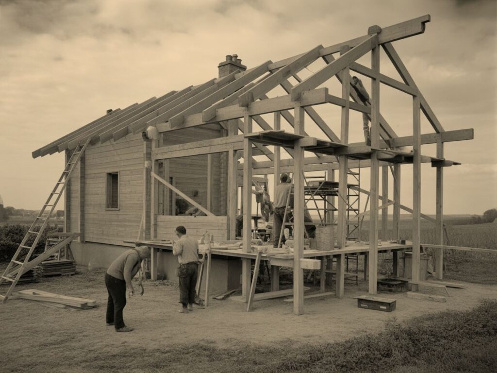 wiejskie domy z cegły i drewna