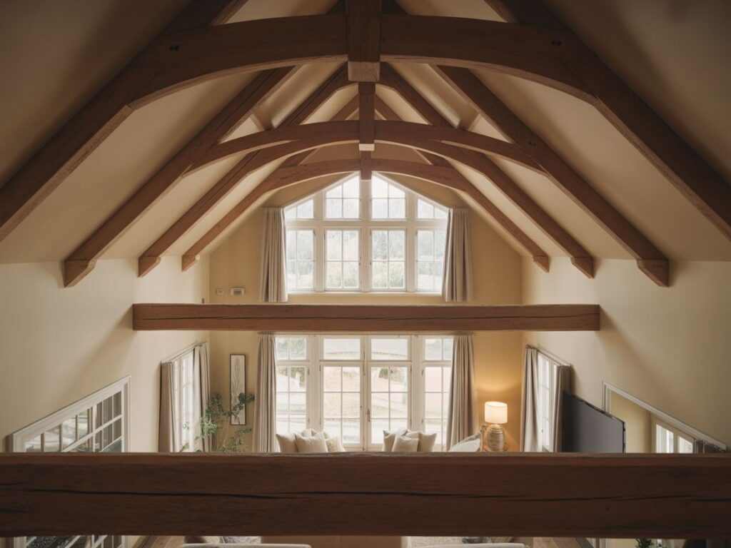 wysoki sufit z drewnianymi belkami